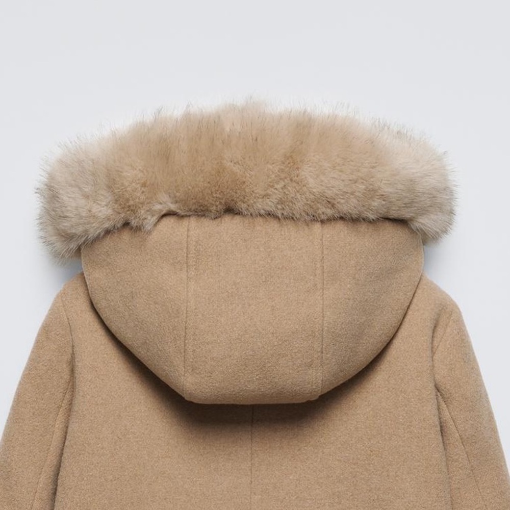 Zara Kids Light Brown Wool Blend Hooded Coat with Faux Fur Trim. Size 13-14. - Picture 6 of 12